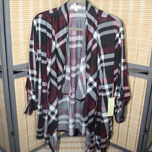 Paper + Tee Black, White, and Claret Plaid Open Waterfall Cardigan